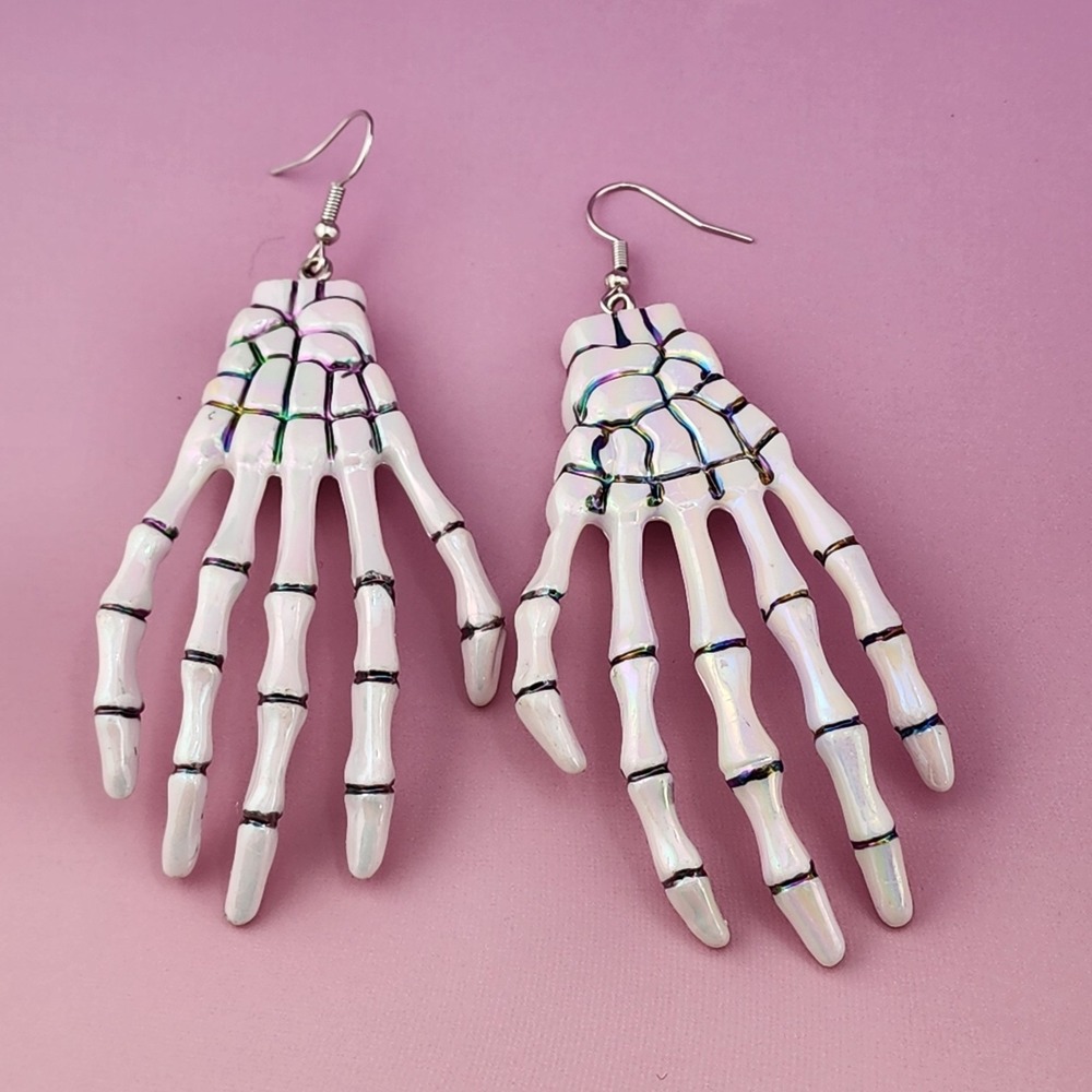 White Iridescent Skeleton Hand Dangle Earrings Gothic Halloween Costume Jewelry
